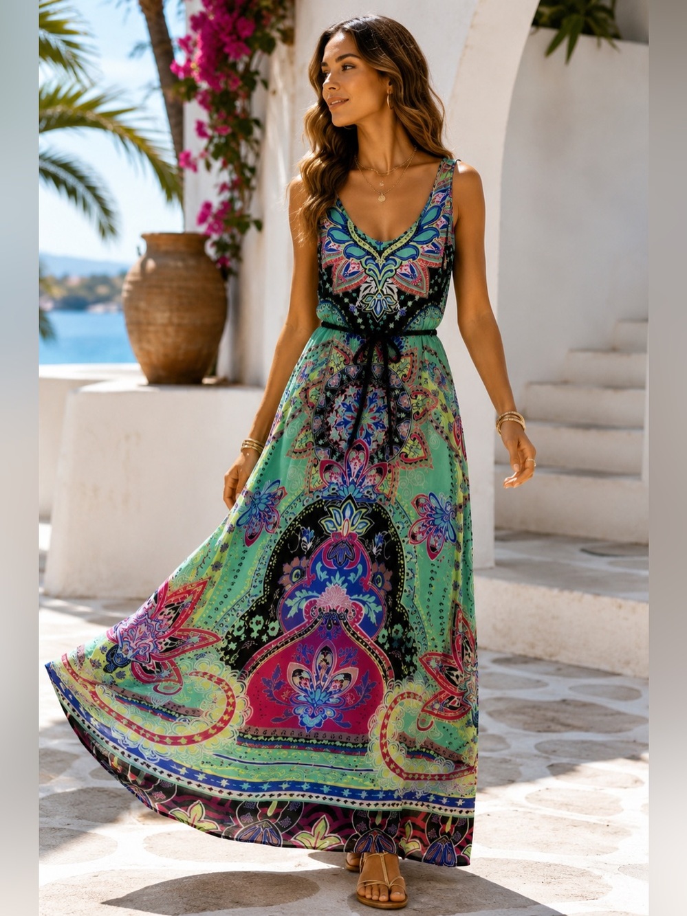 Green Dragon Scarf Paisley Print Maxi Dress Boho Coastal Resort Euro Summer S
